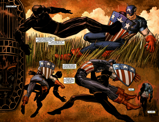 cena da HQ onde o Capitão América é derrotado pelo Pantera Negra durante a 2ª Guerra Mundial