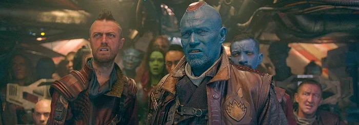 Marvel's Guardians Of The Galaxy L to R: Ravager Crew Member (Sean Gunn) & Yondu (Michael Rooker) Ph: Film Frame ©Marvel 2014