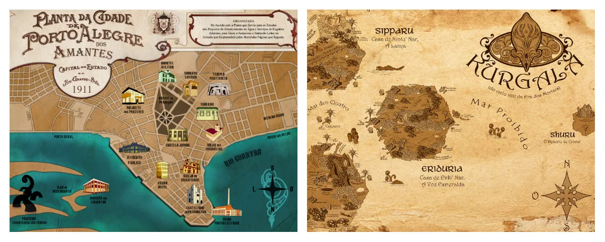 desenhos dos mapas de Brasiliana Steampunk e O Espadachim de Carvão