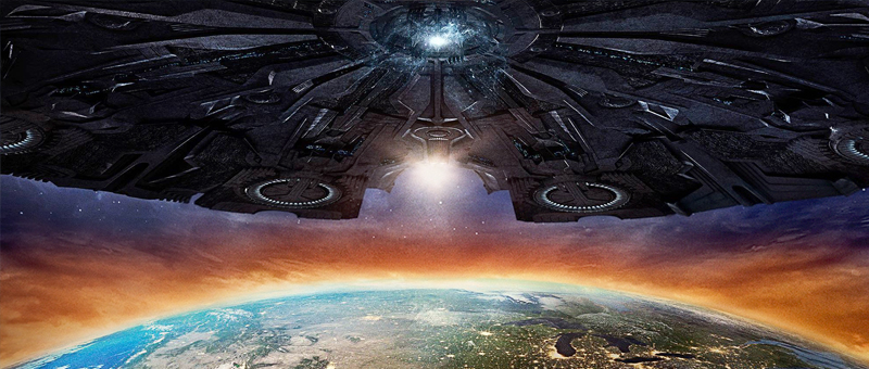 Poster do filme com uma nave enorme em cima da terra