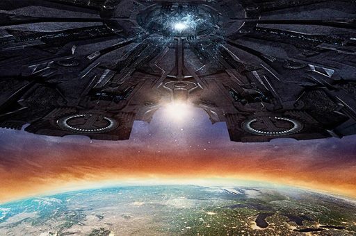 Poster do filme com uma nave enorme em cima da terra
