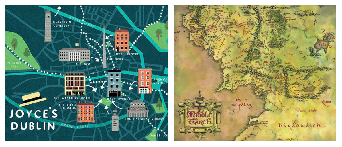 Desenho dos mapas de Ulysses e O Senhor dos Anéis