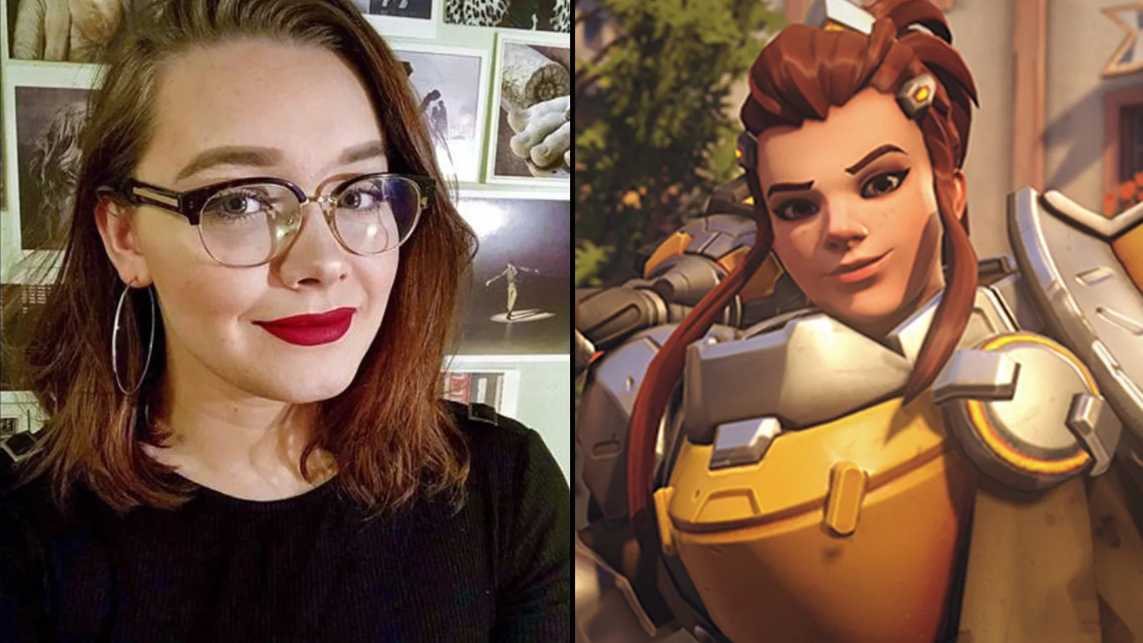 montagem com a dubladora Matilda Smedius e a personagem Brigitte de Overwatch