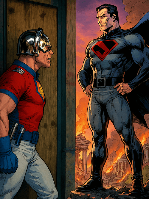 Imagem gerada por IA, mostrando um encontro entre o Pacificador de John Cena e Overman - Copia