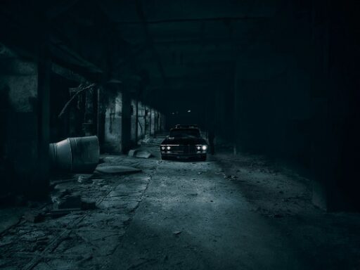 Carro estacionado em um galpão escuro, iluminado pelos faróis, em uma atmosfera cinematográfica